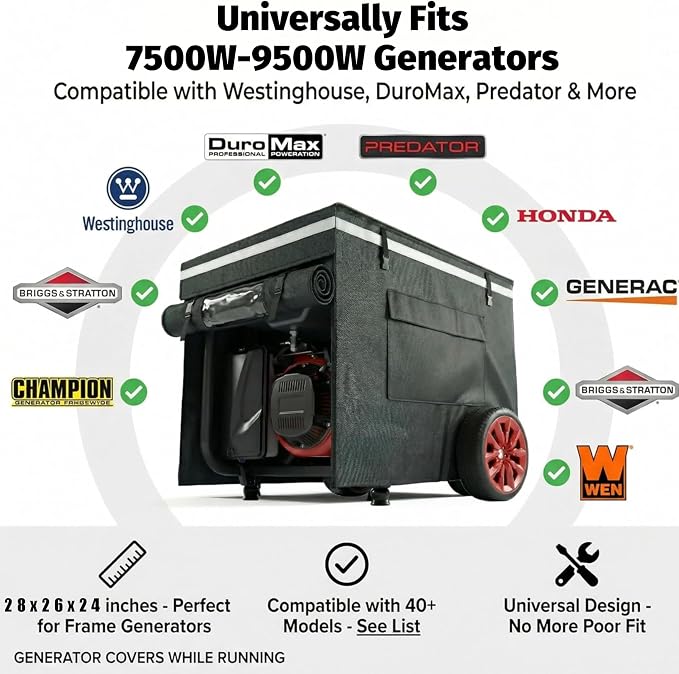 Generator Cover– Portable Generator Cover While Running with Noise Reduction & Waterproof Protection, 900D Heavy Duty Fabric, Universal Fit for 7500W-9500W Frame Generators, 28"x26"x24" – Black