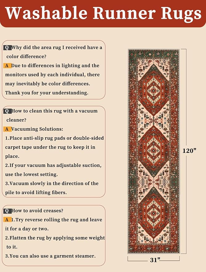 SERISSA 2'6"x10' Washable Non Slip Boho Runner Rug for Hallway | Ultra Soft Vintage Oriental Carpet Low-Pile Terracotta Green Floor Carpet for Kitchen Bedroom Bathroom Laundry Room