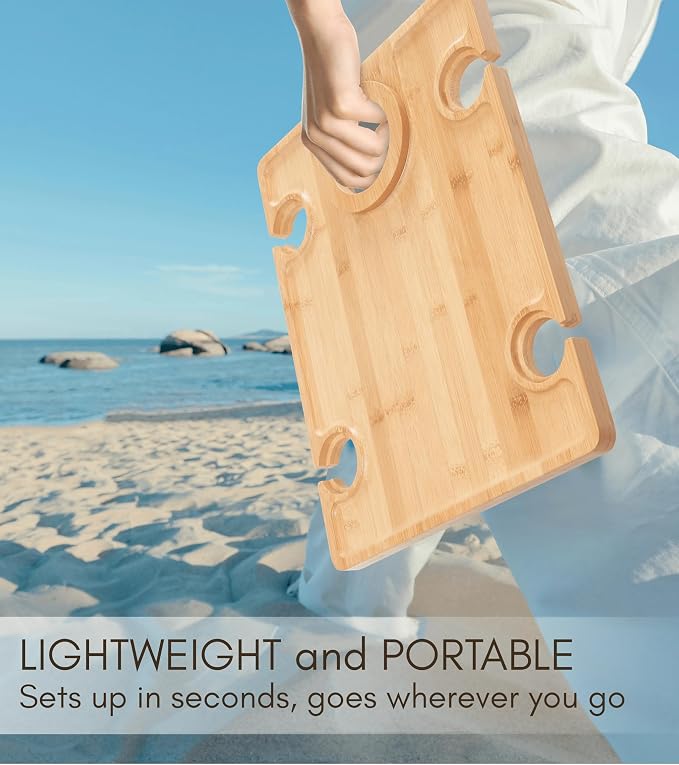 Portable Wine Picnic Table - Foldable Bamboo Snack Tray with Glass & Bottle Holders - Picnic Wine Set for Beach, Camping, Park - Gift for Wine Lovers
