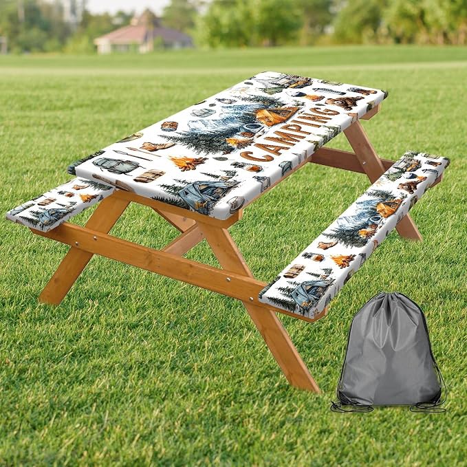 Picnic Table Cover with Bench Covers Camping Tablecloth Fitted Picnic Picnic Table Cover with Elastic Windproof Waterproof, Outdoor & Garden Camping Accessories Essentials 96In 3PCS