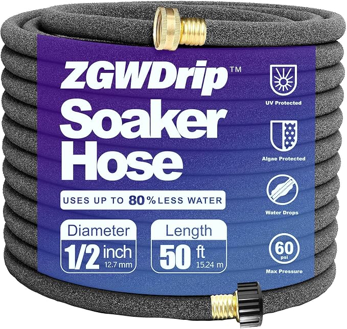 50FT 1/2" Water-Saving Soaker Hose with Solid Brass Connectors, Drip Irrigation Kit for Lawn & Yard