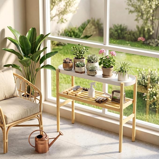 Wisuce Bamboo Shelf Indoor, 2 Tier Window Tall Stand Table for Multiple Plants…
