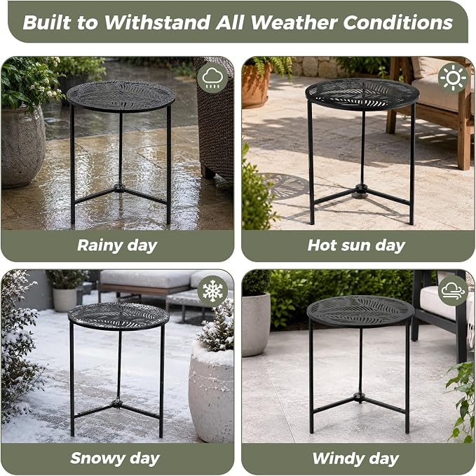 Extra-large Metal Side Table 17.7 Inches Heavy-duty Outdoor Patio Garden End Table Round Accent Corner Stand for Small Space Weather-resistant Coffee Table for Balcony Porch Plant Stand, Tropical Leaf