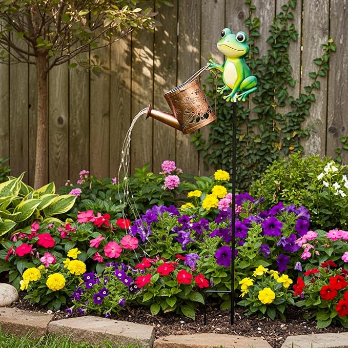Solar Frog Garden Watering Can with Light, Outdoor Frog Ornament—A Gardening Gift for Women, Decor for Outdoor Patios, Yards, and Lawn Paths