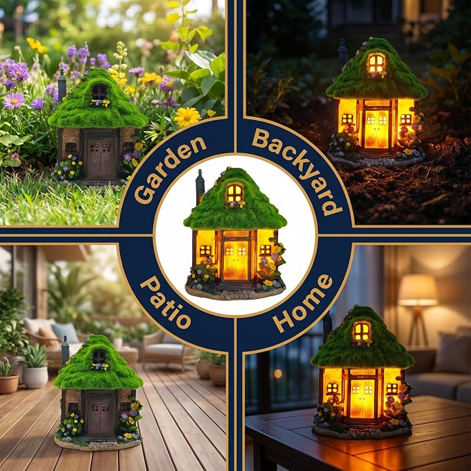 COWOS Solar Powered Fairy Tree House Sculpture with Flocked Roof & Chimney - Whimsical Outdoor Garden Decor with LED Lights