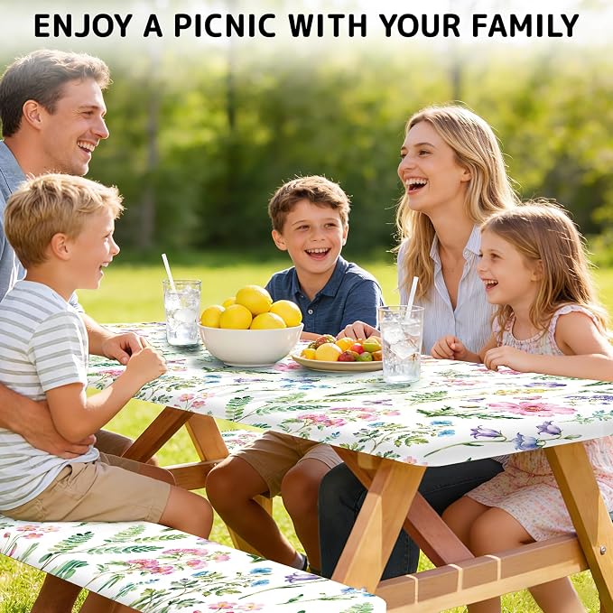 Picnic Table Cover with Bench Covers Elastic Edges, 3 Pcs Flower Fitted Table Cover with Drawstring Bag, Waterproof Windproof Aesthetic Camping Tablecloth, Outdoor Camping Essentials 72 Inch