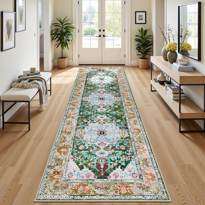 U'Artlines 3'x10' Boho Hallway Runner Rug Non Slip Washable Runners,Green | Vintage Farmhouse Kitchen Rug Accent Area Carpet for Entryway Laundry and Living Room