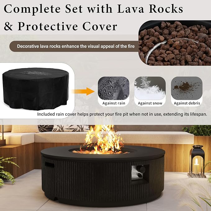 Merax 38.19'' MGO Propane Outdoor Fire Pit with Vertical Stripe Design, 50000 BTU Round Fire Pit Table with Steel Burner, Adjustable Flame Control, Lava Rocks & Rain Cover for Patio&Backyard, Black