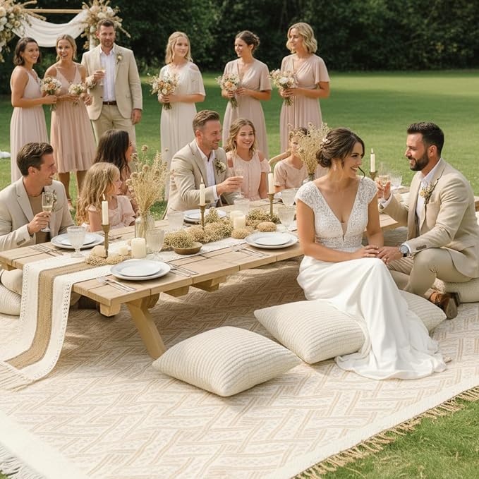 Beeveer Extra Large Outdoor Boho Picnic Blanket 91'' x 71'' Beige White Table Runner 6 Throw Pillow Cover Woven Cotton Yarn Oversize Beach Blanket Washable for Picnic Camp Wedding