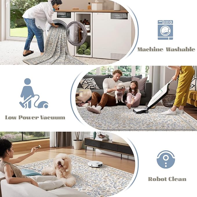 Area Rug 8x10 Washable Rug, Vintage Boho Medallion Rugs Non-Slip Soft Low Pile Large Distressed Rug Indoor Retro Carpet for Living Room Bedroom Dining Room Home Office (BeigeBlue, 8'x10')