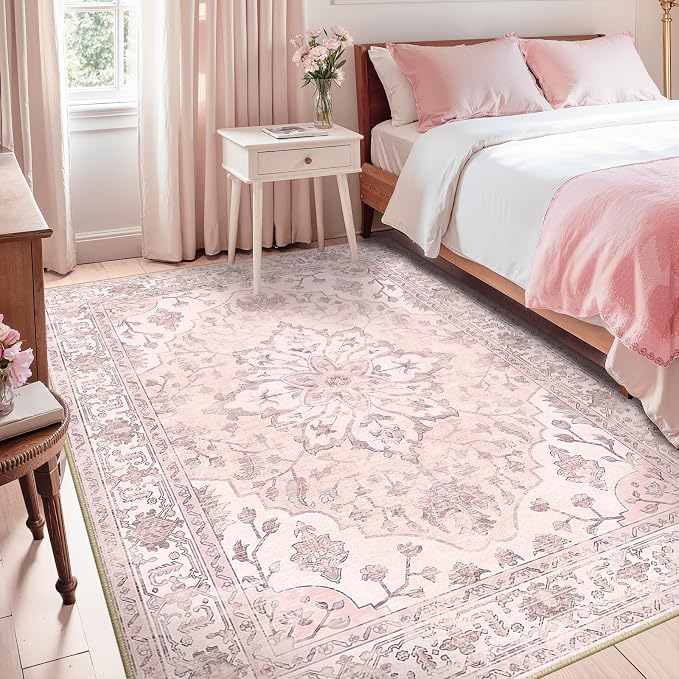 RELEANY Washable Area Rug, 5'x7', Pink | Non-Slip, Water Repellent, Pet Friendly, Easy to Clean, Vintage Floral Boho Decor for Living Room Bedroom Dining Room Office