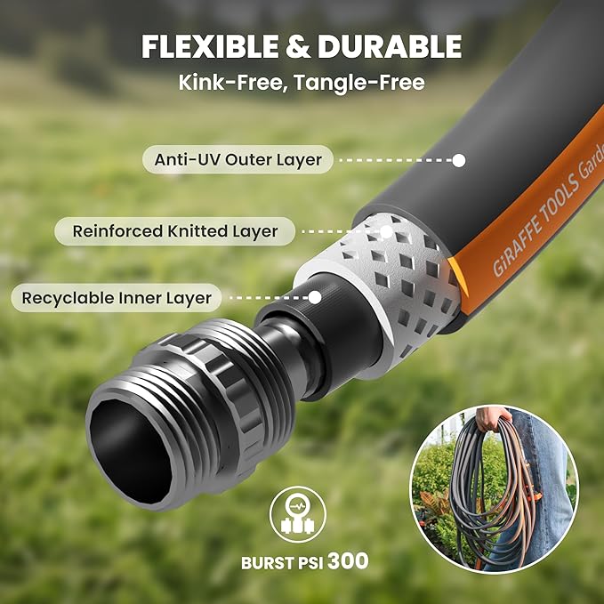 Giraffe Tools 100FT Garden Hose, 5/8" Lightweight Lay Flat Water Hose, No-Kink, Flexible Gardening Hose with Male to Female Aluminum Fitting, Customizable-Length Hose Pipe for Yard