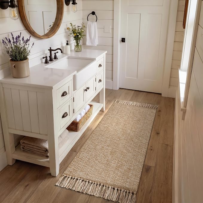 Bathroom Runner Rug, 2' x 5' Modern Farmhouse Kitchen Rugs | Hand-Woven Entryway Rugs Runners for Hallway, Tan/Cream Boho Washable Laundry Carpet, Indoor Front Door Mat for Bedroom Patio