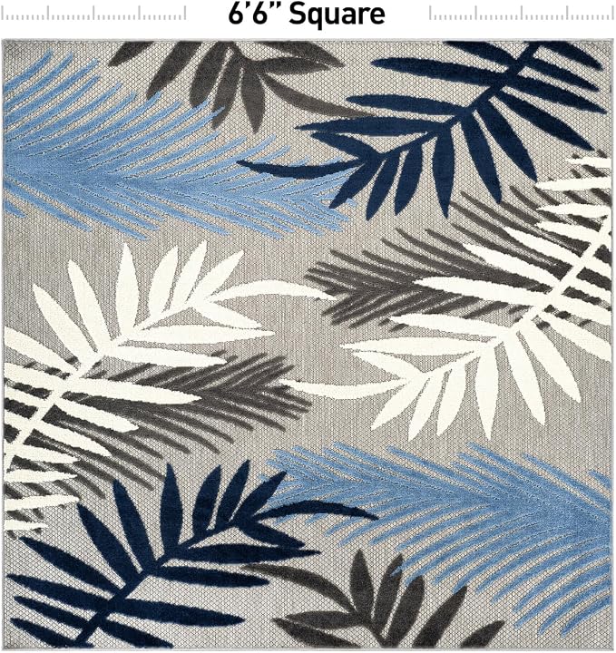 Rugshop Blue Palm Frond Indoor/Outdoor Square Area Rug Easy Cleaning for Patio, Dining Nook and Balcony, 6'6" x 6'6" Square