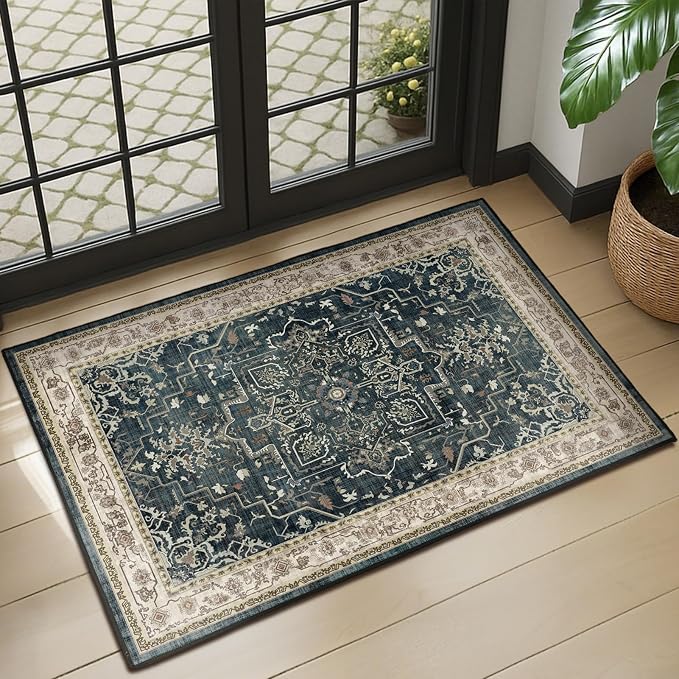 Vintage Distressed 2x3 Kitchen Rugs Washable Non Slip, Medallion Door Mat Indoor Entrance Entryway, Small Low Pile Rugs for Bedroom/Bathroom Vanity/Laundry Room, Midnight with Multi Accents