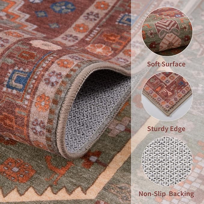 Ciicool 2x7ft Runner Rug,Vintage Washable Area Rugs for Hallway Kitchen | Terracotta/Green Oriental Indoor Thin Boho Entry Carpet for Entrance Bedroom Bedside Living Room Laundry Bathroom Decor
