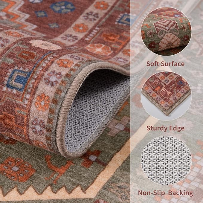Ciicool Long Washable Runners Area Rug for Hallways,Ultra Soft 2x8ft Carpet | Oriental Non-Slip Thin Indoor Terracotta/Green Entry Rugs for Kitchen Entryway Bedroom Bedside Living Room Laundry Decor