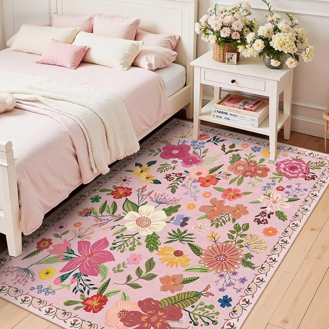 Latte&Fog 3x5 Entryway Area Rugs, Washable Floral Pink Rugs for Living Room | for Girls Bedroom Dining Kitchen Kids Playroom Nursery Classroom Dorm Farmhouse Office, Non Slip Low Pile Soft Floral Carpet