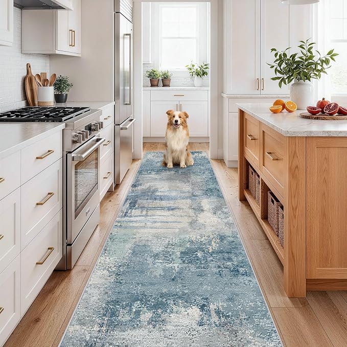 Washable 3x12 Hallway Runner Rug: Washable Non Slip Carpet Blue | for Long Entryways Kitchen Living Room - Abstract Modern Neutral Thin Low Pile Runners 3x12 Blue