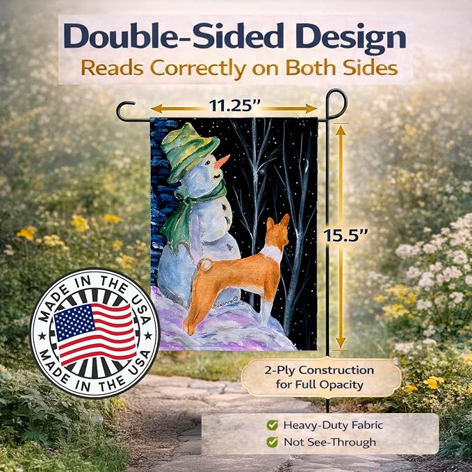Caroline's Treasures SS8556GF Snowman with Basenji Garden Flag Mailbox Flag Decorative Yard Flag Banner Outside Patio Artwork Yard Flower Beds, Garden Size, Multicolor