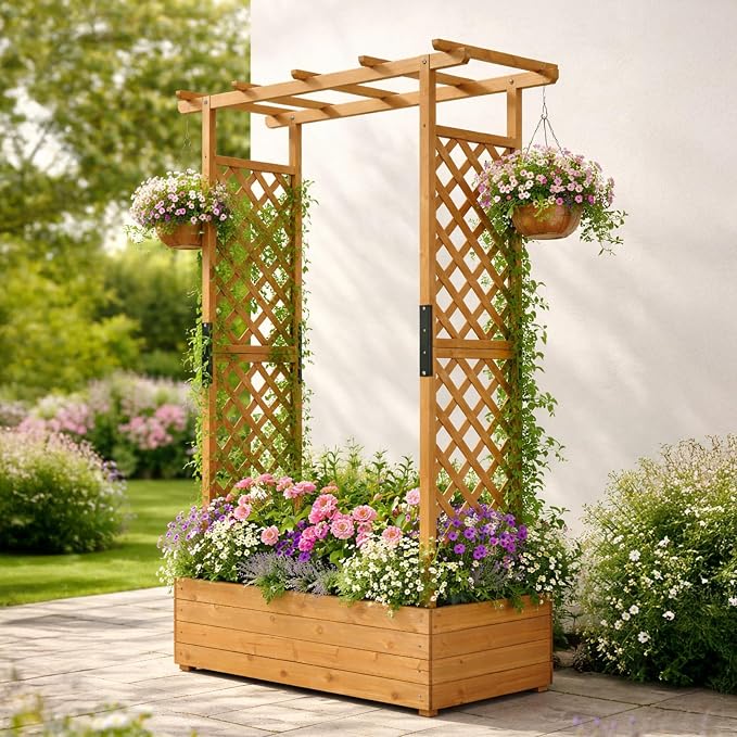VINGLI Raised Garden Bed with Trellis & Hanging Roof, Wooden Planter Box with Drainage Holes for Outdoor Climbing Plants Vegetables Flowers, Patio Yard Balcony (Teak, Taller)
