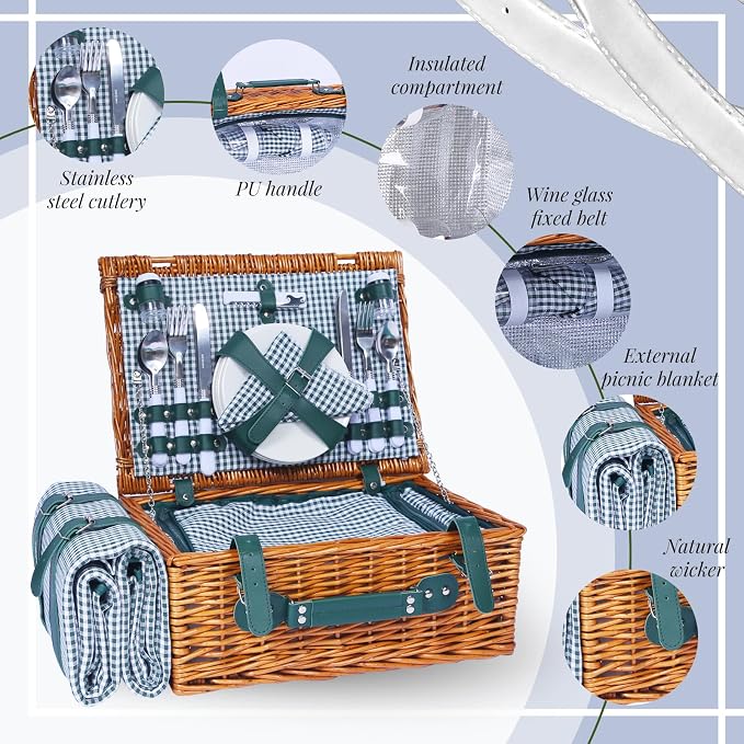 Picnic Basket Set for 4 with Waterproof Blanket Mat Insulation Bag Wicker Green Plaid Classic Cottagecore Gift for Christmas Thanksgiving Wedding Birthday Camp Outdoor Beach Travel