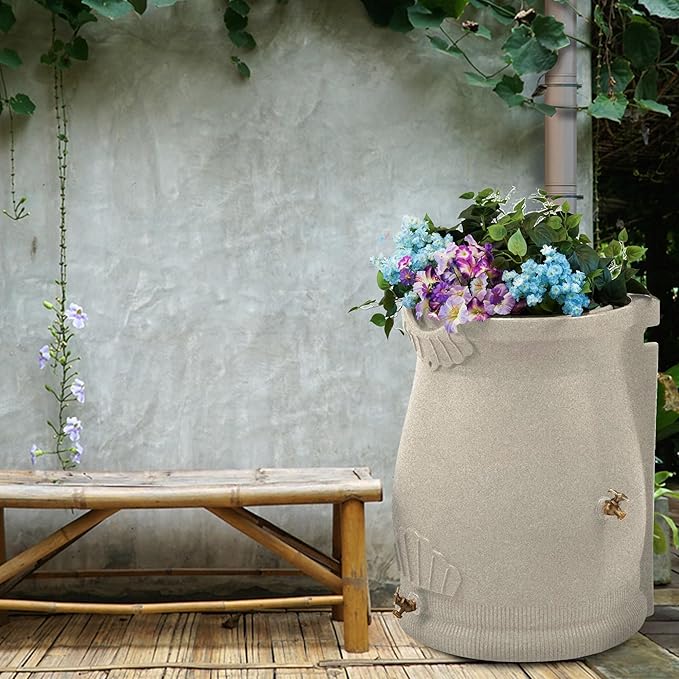 Good Ideas RWURN50-SAN 50 Gallon Rain Saver Wizard Barrel Water Storage Urn with Planter Space and 2 Brass Spigots, Sandstone