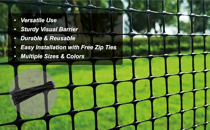 PotatoLife Plastic Hardware Mesh Netting, Temporary Fence, Tree Guards, Staircase Banister, Animal Barrier, Garden Netting, Poultry, with 50 Zip Ties (Black, 24'' x 25')