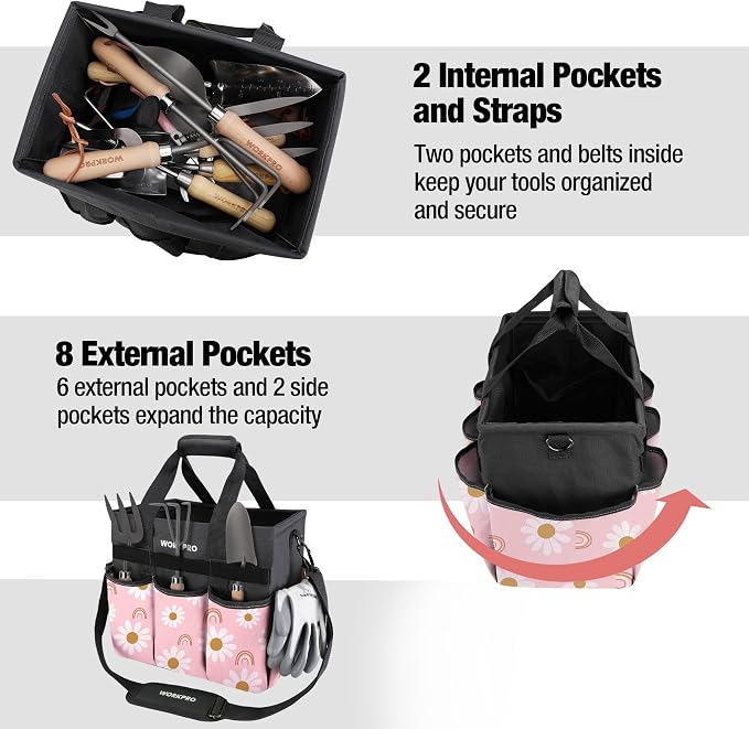 WORKPRO Garden Tool Bag Organizer, Heavy Duty Gardening Tote Bag with 10 Pockets and Long Adjustable Shoulder Strap, Standable Garden Home Tool Kits Organizer, Floral Pink - Pink Ribbon