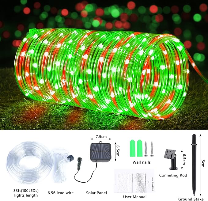 Solar Rope Lights, 2 Pack Total 66ft 200LED Solar String Lights, 8 Modes Waterproof Solar Outdoor Light, Flexible Clear Trampoline Light for Garden Yard Patio Deck Porch Pool Tree Decor - Red & Green