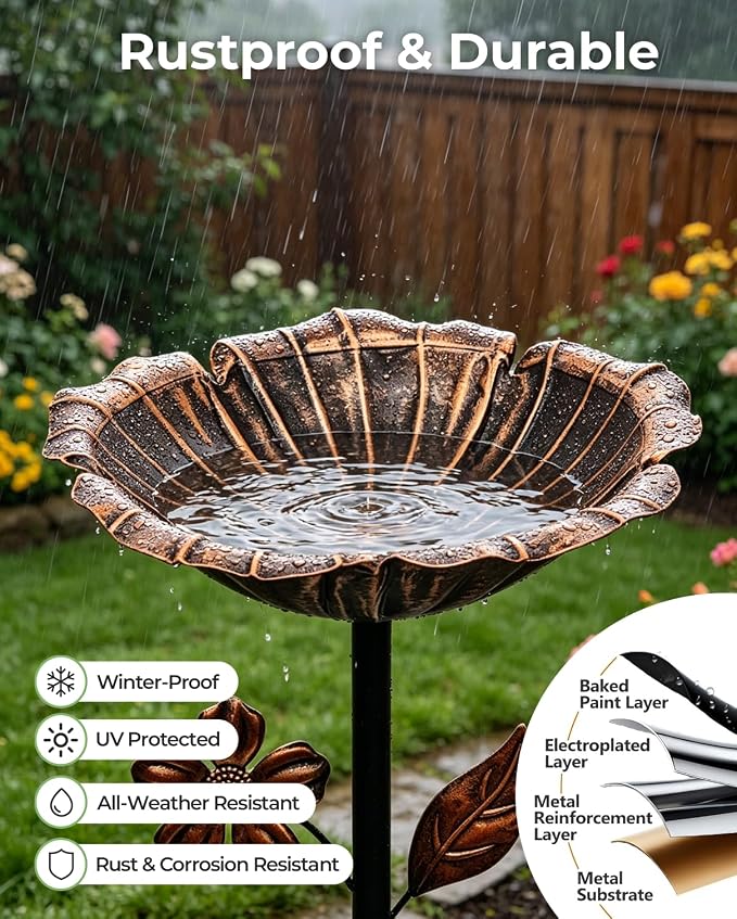 2PCS Vintage Metal Bird Bath Feeder 5-Prong Stake for Garden Patio | Vintage Metal Bird Bath & Feeder, Weatherproof, Easy Install, Ideal Garden Patio Decor.