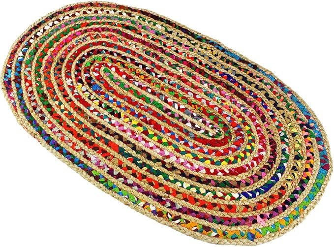 COTTON CRAFT Jute Chindi Braid Rag Rug - 4x6 Ft Oval Multi Color Area | Handwoven Reversible Jute & Natural Recycled Cotton Boho Farmhouse Rustic Area Accent Rug - Living Room Carpet Home Décor
