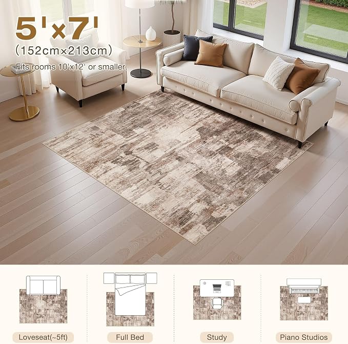 kakania Abstract 5x7 Area Rugs for Living Room: Washable Rugs Brown | Soft, Non-Slip, Low-Pile, Pet & Kid Friendly - Modern Home Decor Carpet for Bedroom/Dining Room/Office/Nursery