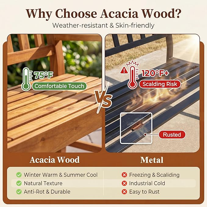 Flamaker Outdoor Bench with Pull-Up Table, Acacia Wood 2-Person Loveseats | Solid Wood Weather-Resistant Patio Seating with Convertible Center Table for Garden, Backyard, Porch, Poolside, Log Brown