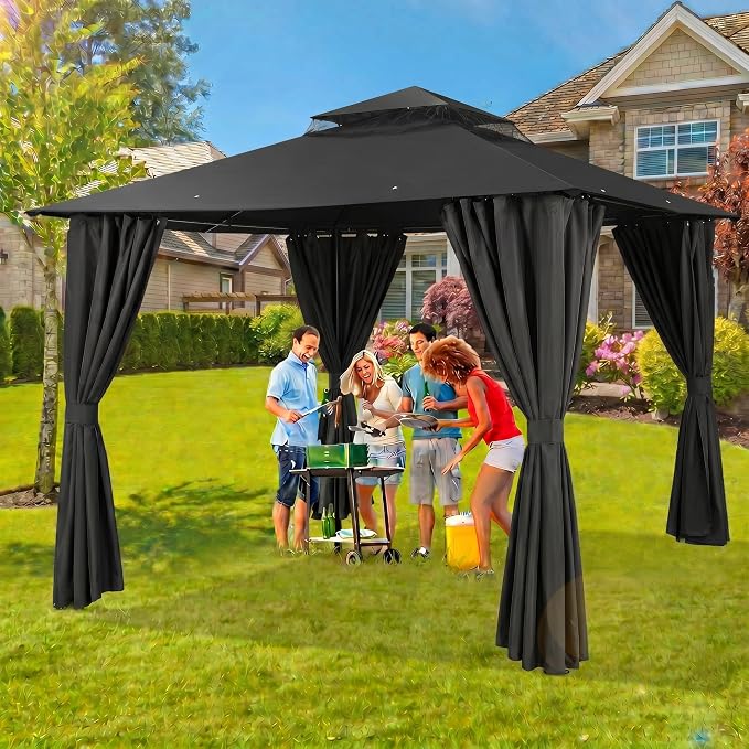 COBIZI 10x10 Gazebo with Double Roof & Mosquito Netting Outdoor Heavy-Duty Party Tent, Patio Tent with Zipper Screens - Backyard Garden Lawn Shelter Includes Wind Ropes Expansion Bolts, Black