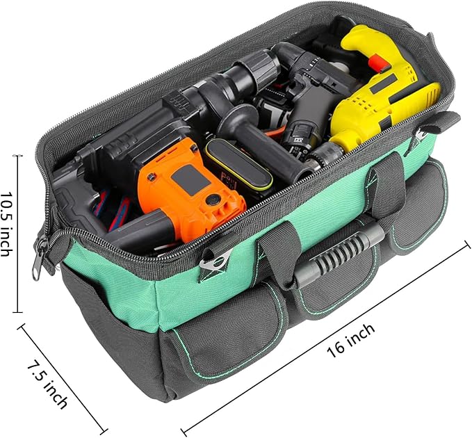 16-inch tool box Non-slip feet adjustable shoulder strap 14 functional insert pockets,large capacity Men's heavy-duty toolbox,for electricians, carpentry,gardening (Cyan Blue)