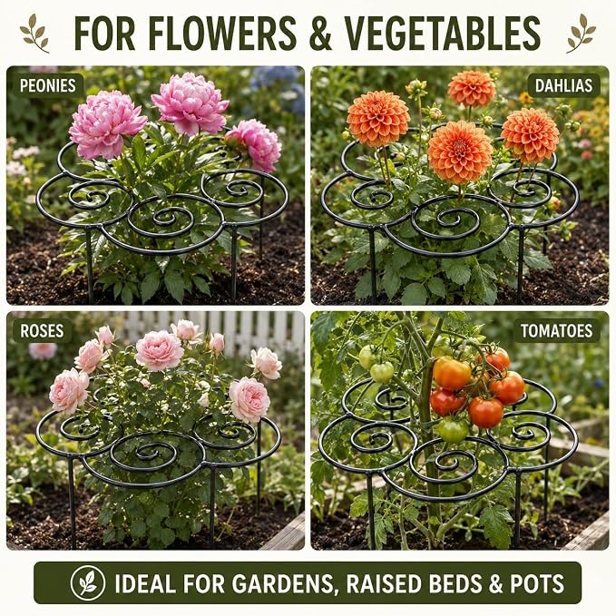 Metal Peony Support Ring for Outdoor Plants, Garden Plant Support Stakes for Flowers & Vegetables, Stackable Peony Cage for Dahlia, Rose, Orchid & Tomato (M)
