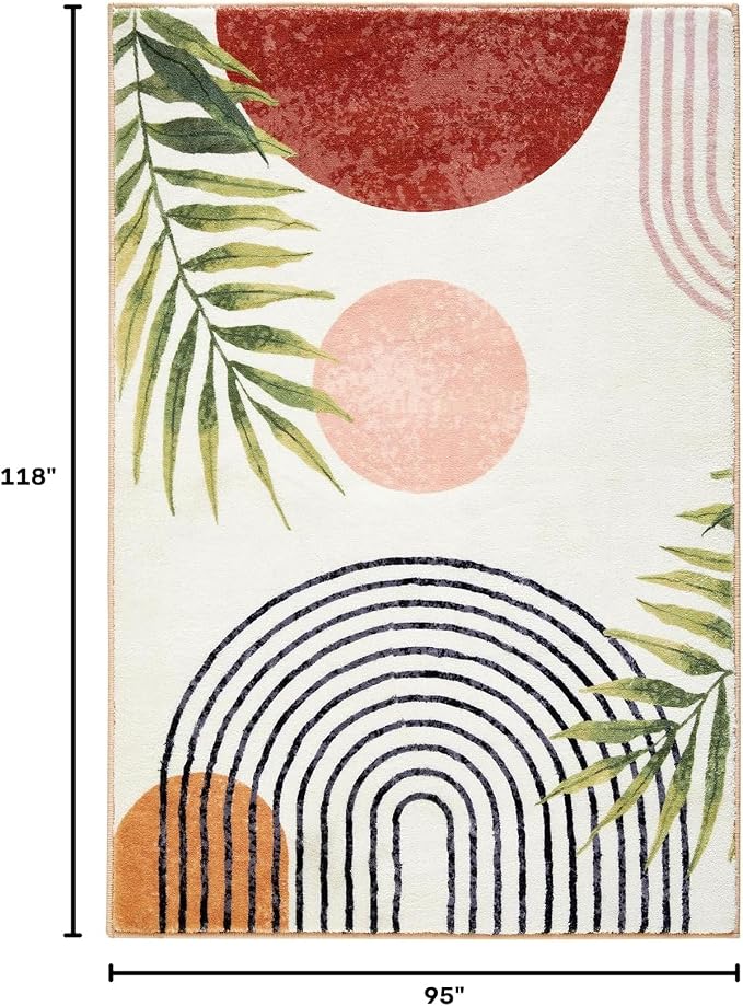 RoomTalks Mid Century Modern Washable Rug, Boho Cute Aesthetic 8x10 Area Rugs Large Carpet for Bedroom Dining Living Room Entryway Office, Contemporary Abstract Leaves Thin Pile Accent Indoor Rug