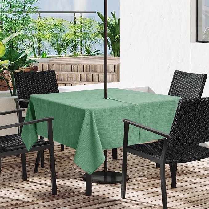 LUSHVIDA Outdoor Tablecloth with Umbrella Hole - Patio Table Cloth Zippered Square 60x60 Inch, Sage Green Linen-Look Polyester Table Cover Water Resistant for Picnic Outside