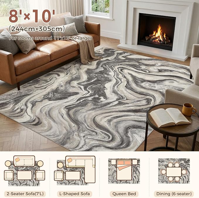 DMOYEST 8x10 Area Rug for Living Room Washable Abstract Indoor Carpet | Neutral Modern Low Pile Rugs Kid & Pet Friendly Large Soft Thin Carpet for Bedroom Dining Room and Office - Ash Grey