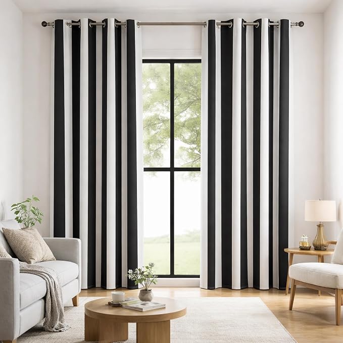 Black and White Vertical Stripe Blackout Curtains, Modern Minimalist Striped Drapes, 100% Light Blocking, Thermal Insulated & Noise Reducing Curtains, Grommet Top 52 x 108 Inches, 2 Panels