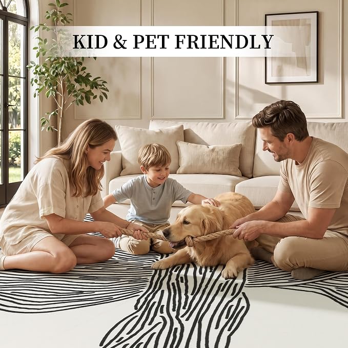 10x14 Extra Large Washable Area Rug, Black and Cream White Abstract Rug | Extra Large 10x14 Modern Abstract Rug, Soft Faux Wool Low Pile with Non-slip Backing; for Living Room, Dining Room, Bedroom