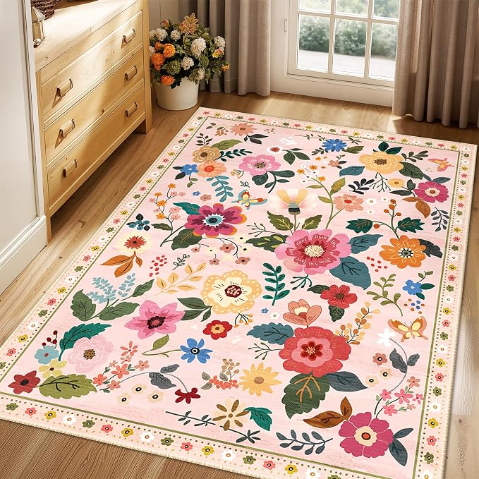RELEANY Floral Washable 3x5 Area Rugs Pink | Flower Carpet, Print, Boho, Non-Slip, Easy to Clean, Soft, Low Pile for Living Room Bedroom Kitchen Office Entryway Hallway