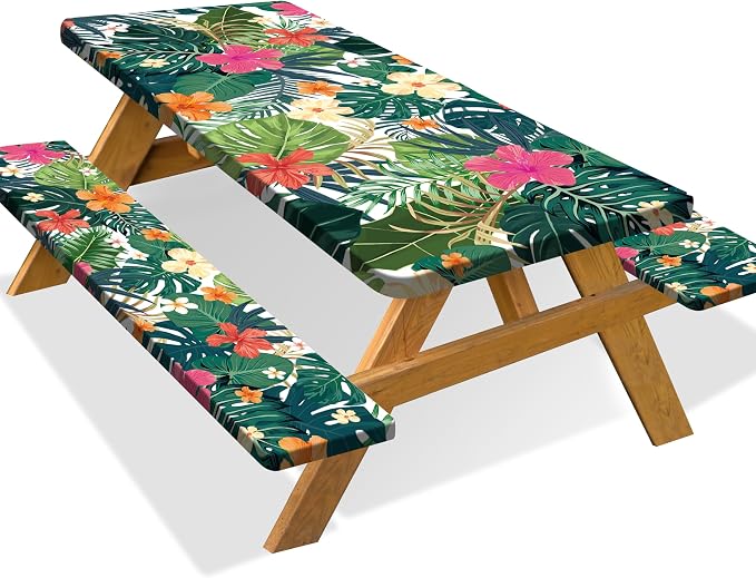 Picnic Table Cover with Bench Covers Camping Essentials Tropical Palm Leaves Outdoor Table Covers with Elastic Waterproof Fitted Tablecloth for RV Picnic Travel