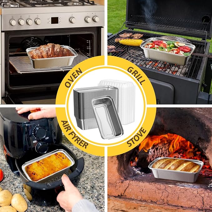 50 Pack 2.4lb Aluminum Loaf Pans Collocate Cellophane Bags/Twist Ties/ Stickers and Parchment Paper Sheets ,8.3" X 4.1" X 2.2" Disposable Aluminum Foil Premium Bread Tins - Disposable Baking Pans