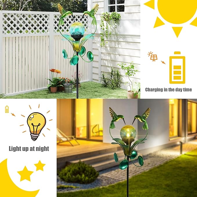 Decorative Solar Outdoor Light, Hummingbird Glass Globe Stake for Lawn Yard | Solar Hummingbird Lights With Wind Spinner Design, Crackle Glass Globe, Auto On/Off For Garden, Lawn, Yard