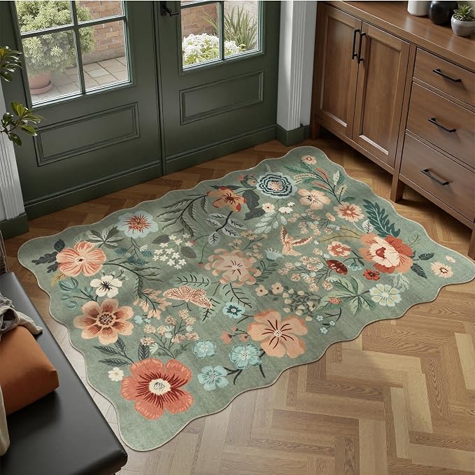 DCX Vintage Floral Washable Area Rug 2x3, Non Slip Low Pile Rug, Sage Green | Rugs for entryway, kitchen, dining room, office, soft, kid & pet friendly, sain resistant indoor carpet, home decor