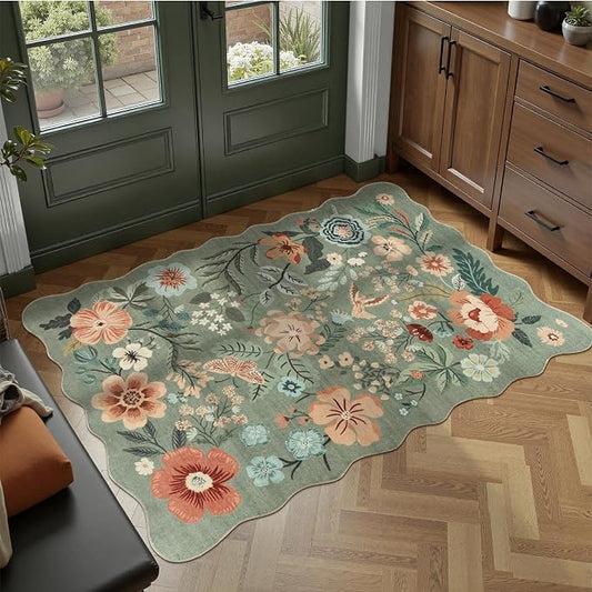 DCX Vintage Floral Washable Area Rug 2x3, Non Slip Low Pile Rug, Sage Green | Rugs for entryway, kitchen, dining room, office, soft, kid & pet friendly, sain resistant indoor carpet, home decor
