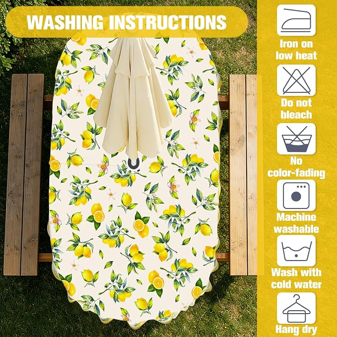 Lemon Outdoor Oval Tablecloth with Umbrella Hole 60" x 120" Waterproof Zipper Table Cloth for Garden - Ideal Patio Table Cover for Picnics, Camping, and Yard Use