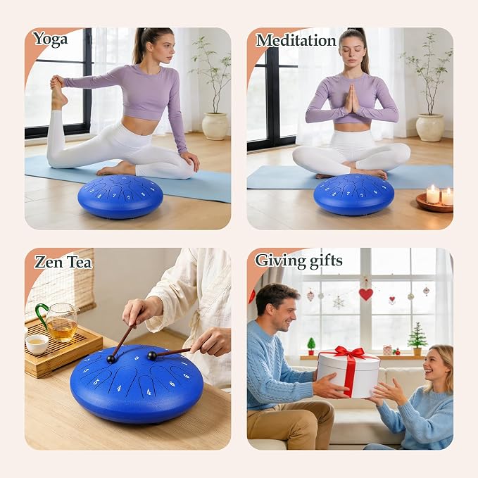 Steel Tongue Drum - 15 Note 12 Inch C Major Handpan Drum for Meditation and Beginners, with Music Book, Rain Drum Mallets, and Carrying Case (Blue, 12 Inch)